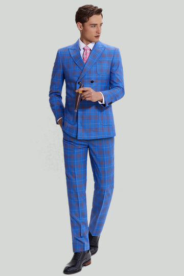 Costumes Smoking 3 pièces Blue Plaid Homme